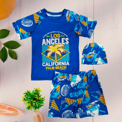 Navy Blue Shirt & Short Swimsuit 2 PCs Set with Cap SWM6155B